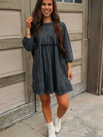 Graceful Black Denim Dress with Balloon Sleeves