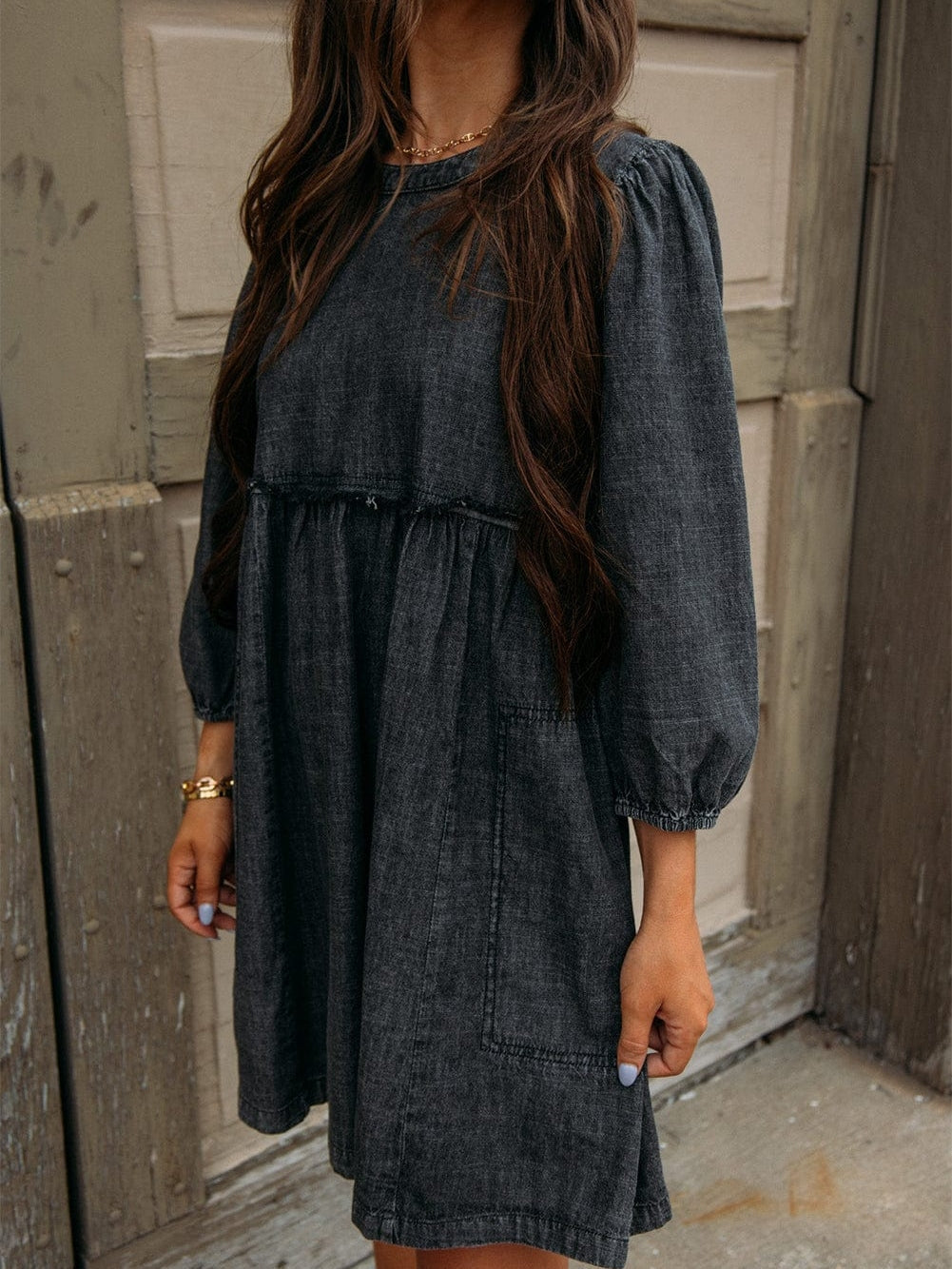 Graceful Black Denim Dress with Balloon Sleeves