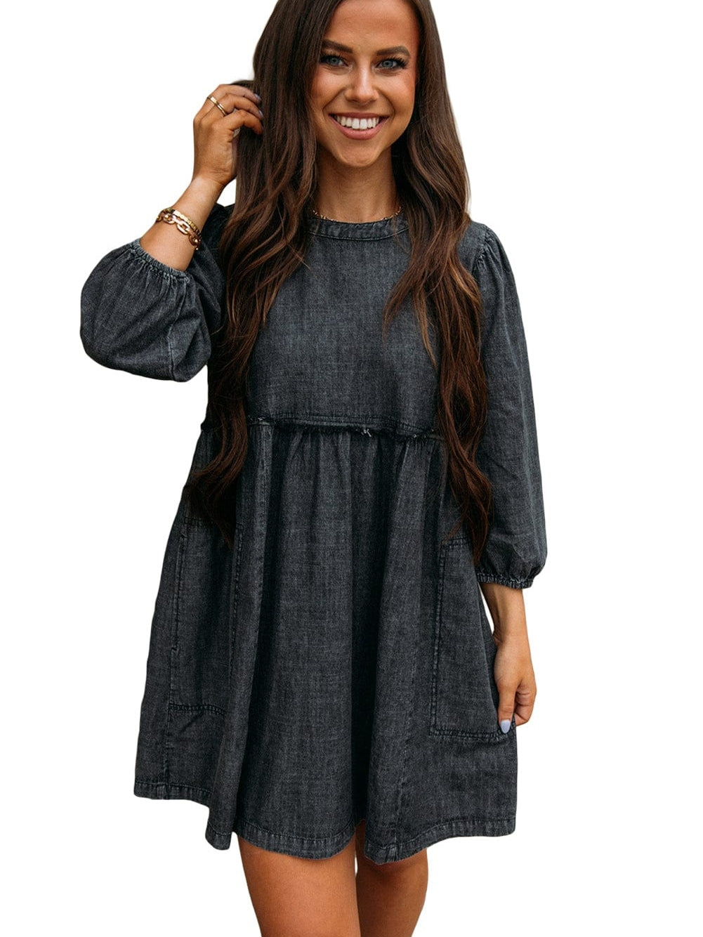 Graceful Black Denim Dress with Balloon Sleeves