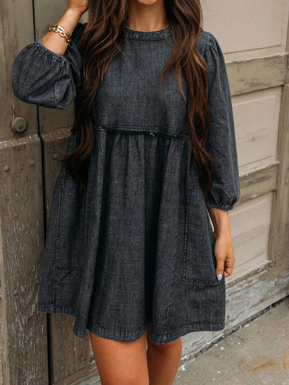 Graceful Black Denim Dress with Balloon Sleeves