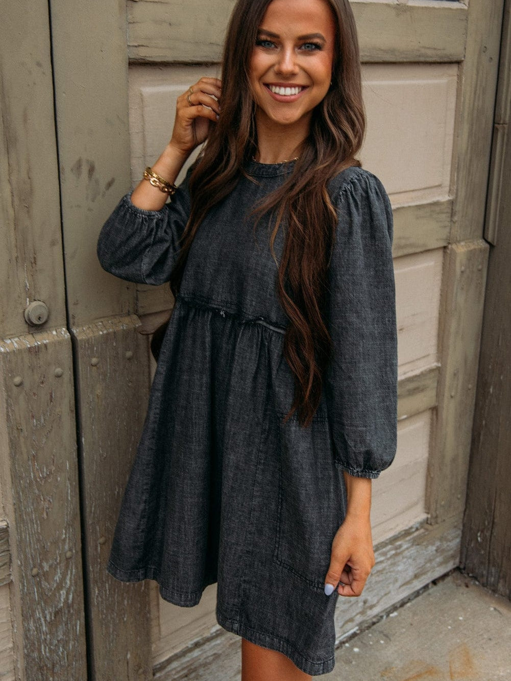 Graceful Black Denim Dress with Balloon Sleeves