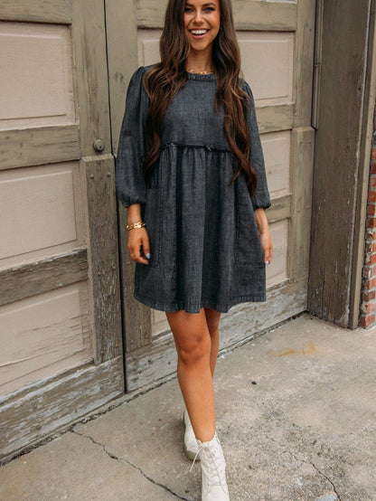 Graceful Black Denim Dress with Balloon Sleeves