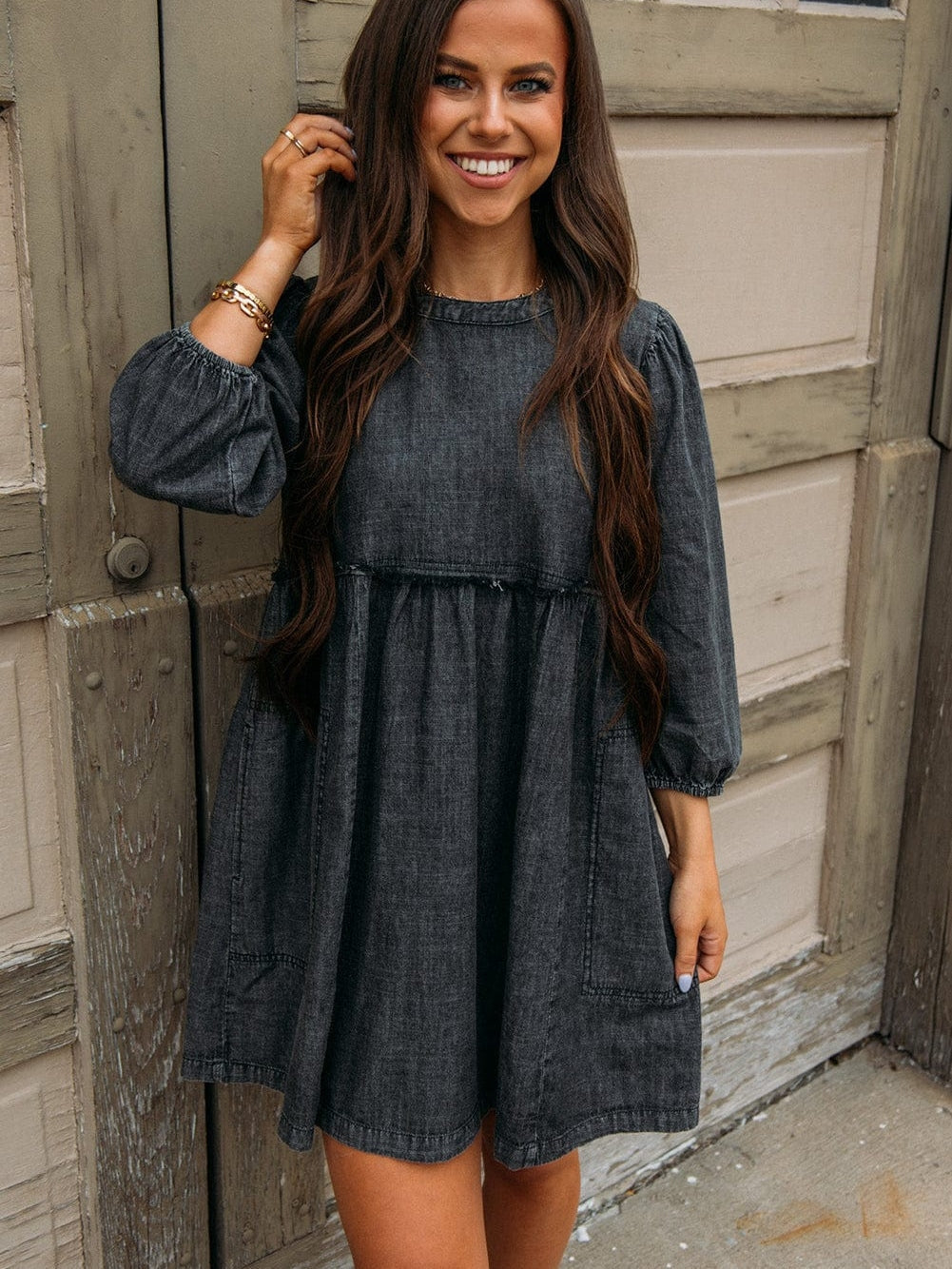 Graceful Black Denim Dress with Balloon Sleeves