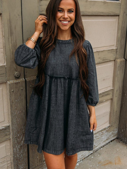 Graceful Black Denim Dress with Balloon Sleeves