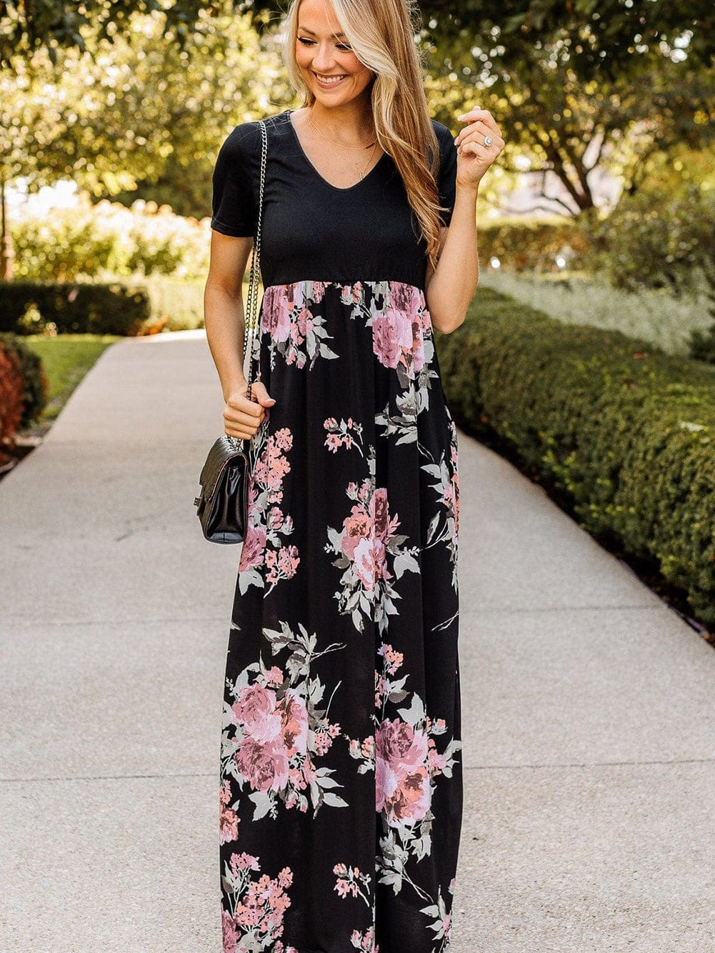 Graceful Black Floral Print T-Shirt Maxi Dress