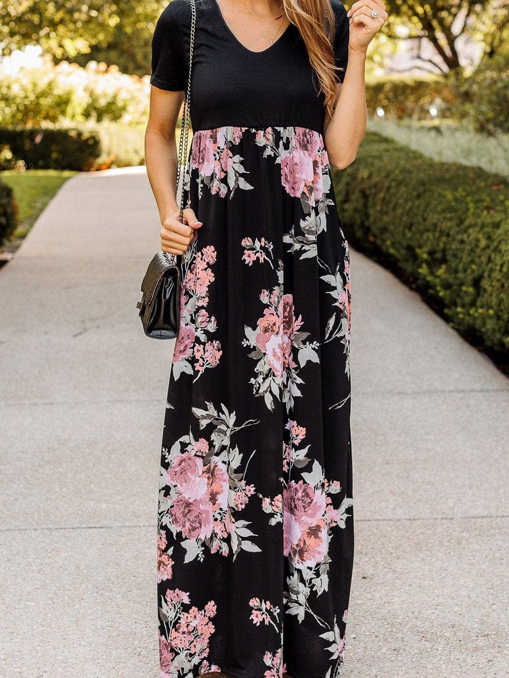 Graceful Black Floral Print T-Shirt Maxi Dress
