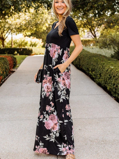 Graceful Black Floral Print T-Shirt Maxi Dress