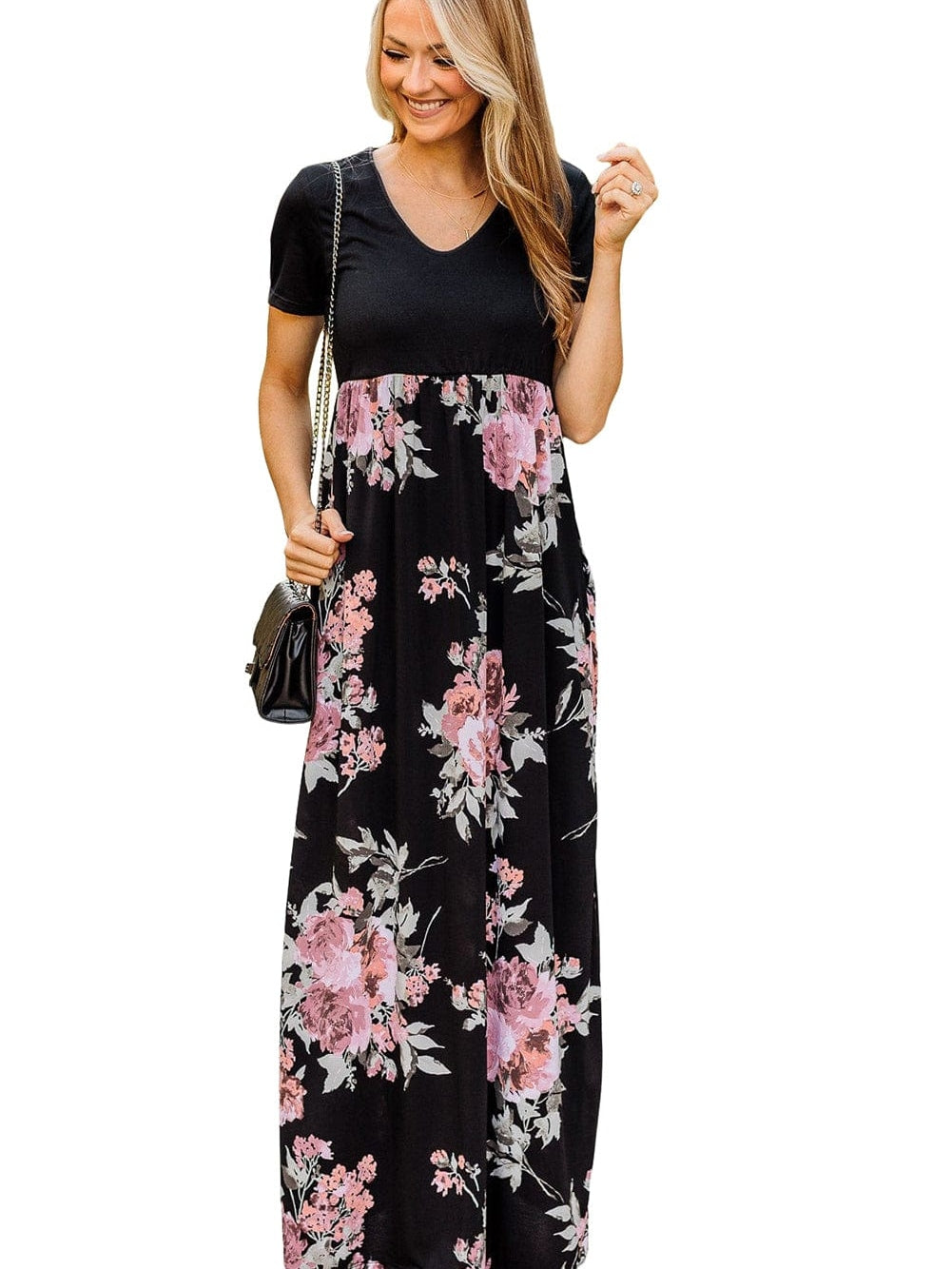 Graceful Black Floral Print T-Shirt Maxi Dress