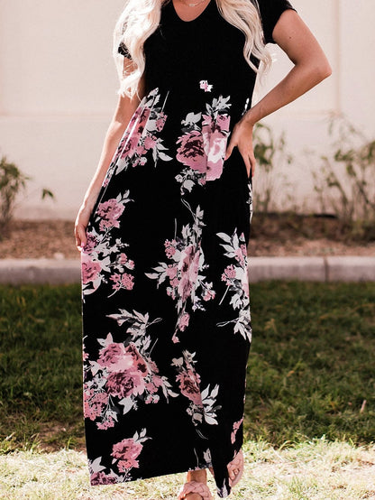 Graceful Black Floral Print T-Shirt Maxi Dress