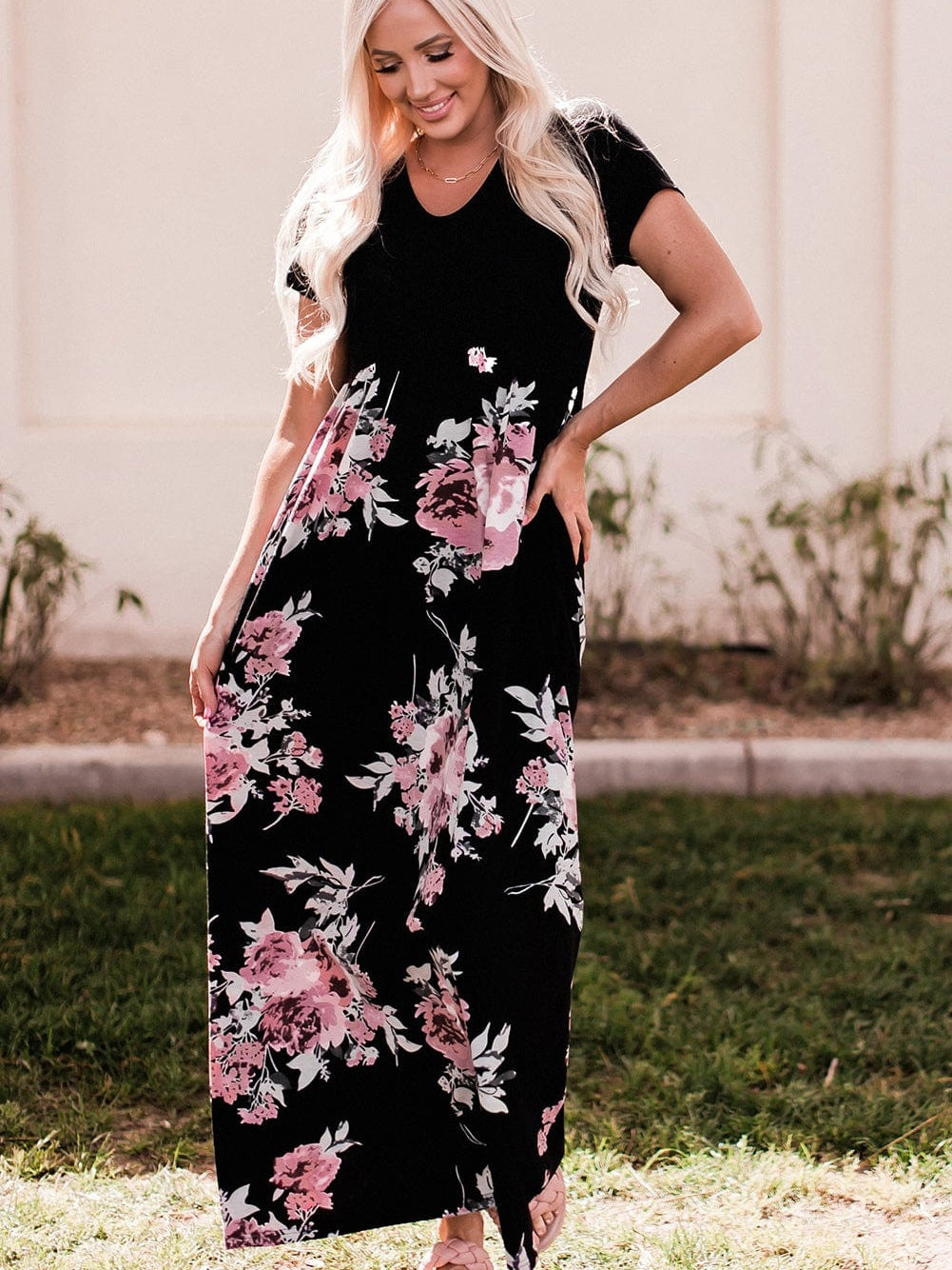 Graceful Black Floral Print T-Shirt Maxi Dress
