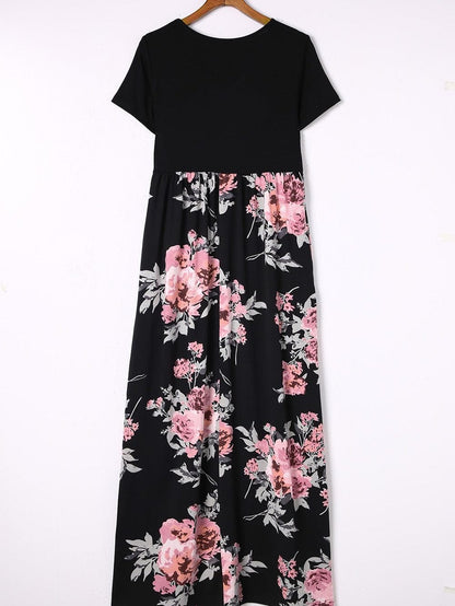 Graceful Black Floral Print T-Shirt Maxi Dress