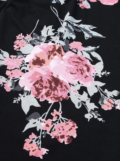 Graceful Black Floral Print T-Shirt Maxi Dress