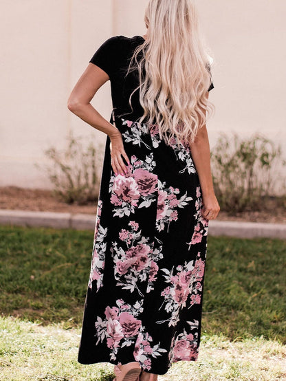 Graceful Black Floral Print T-Shirt Maxi Dress