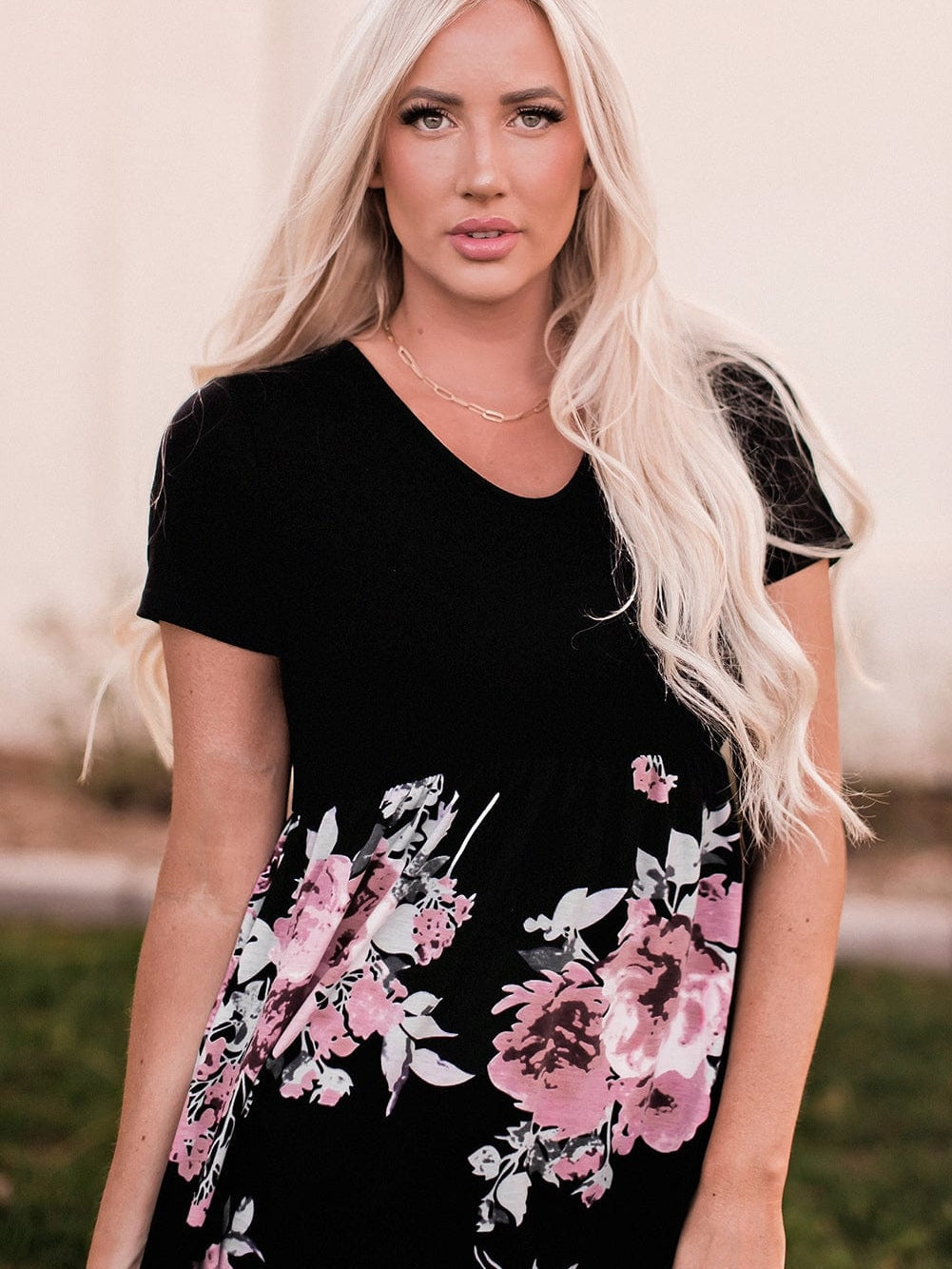 Graceful Black Floral Print T-Shirt Maxi Dress