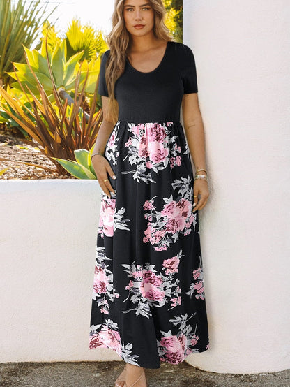 Graceful Black Floral Print T-Shirt Maxi Dress