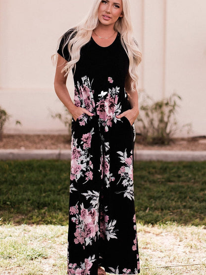 Graceful Black Floral Print T-Shirt Maxi Dress