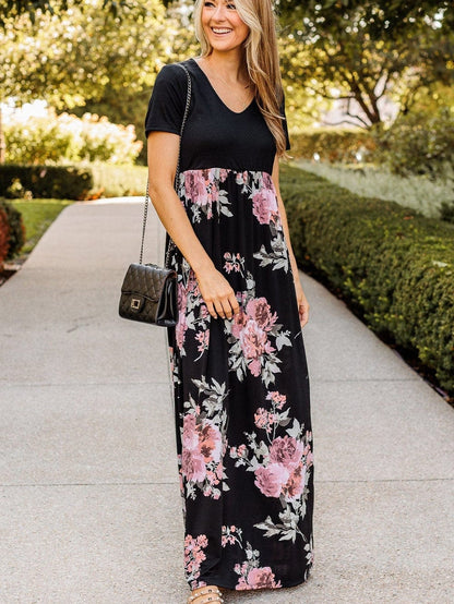 Graceful Black Floral Print T-Shirt Maxi Dress