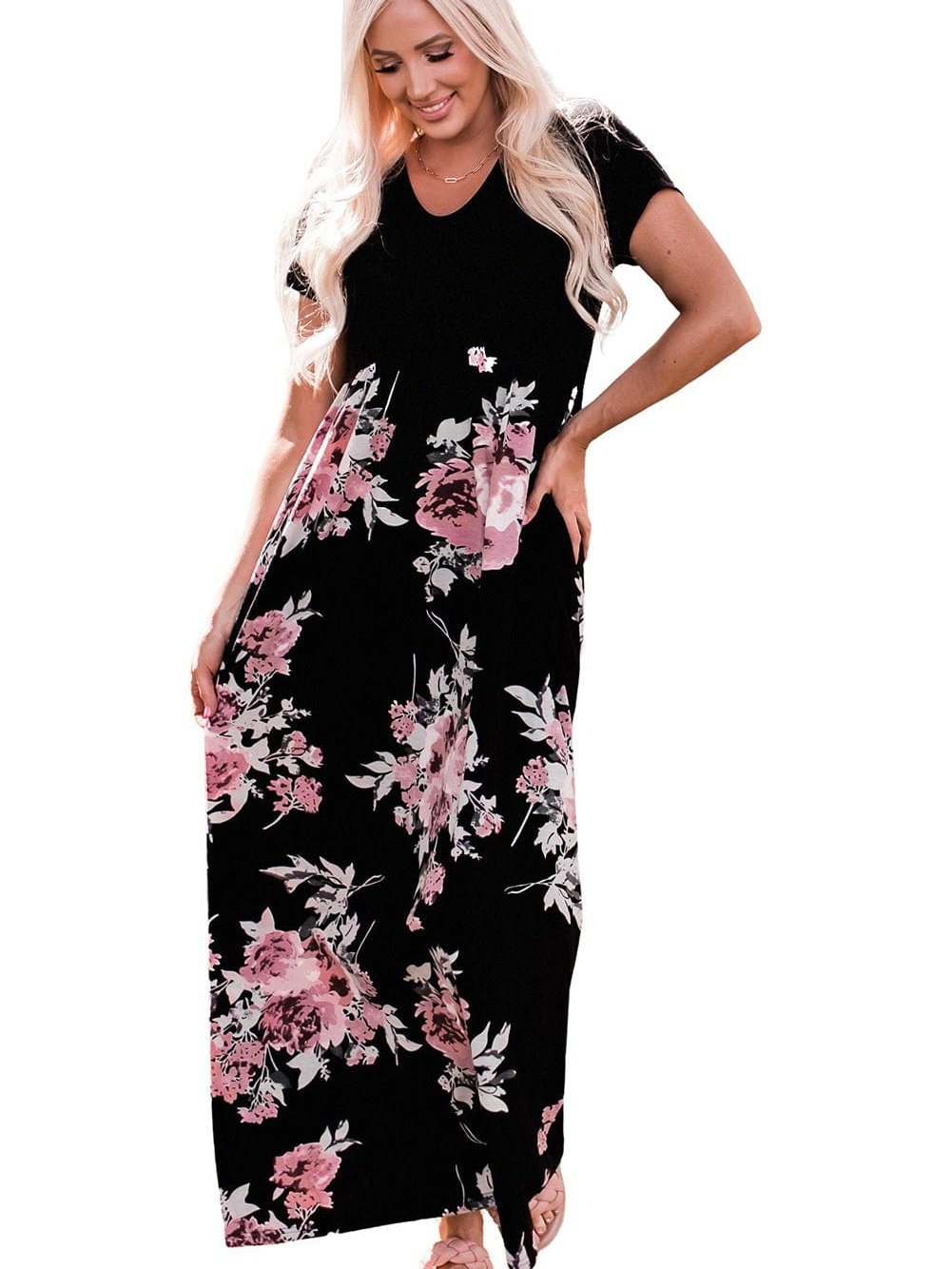 Graceful Black Floral Print T-Shirt Maxi Dress