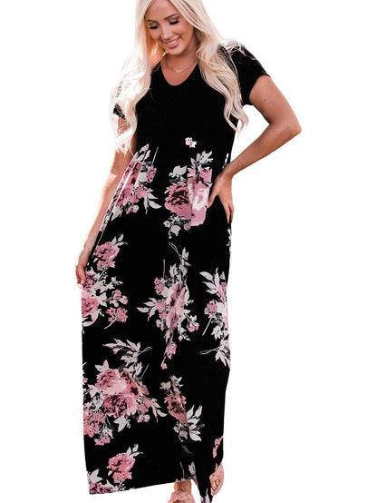 Graceful Black Floral Print T-Shirt Maxi Dress