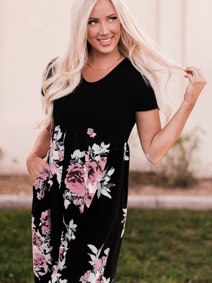 Graceful Black Floral Print T-Shirt Maxi Dress