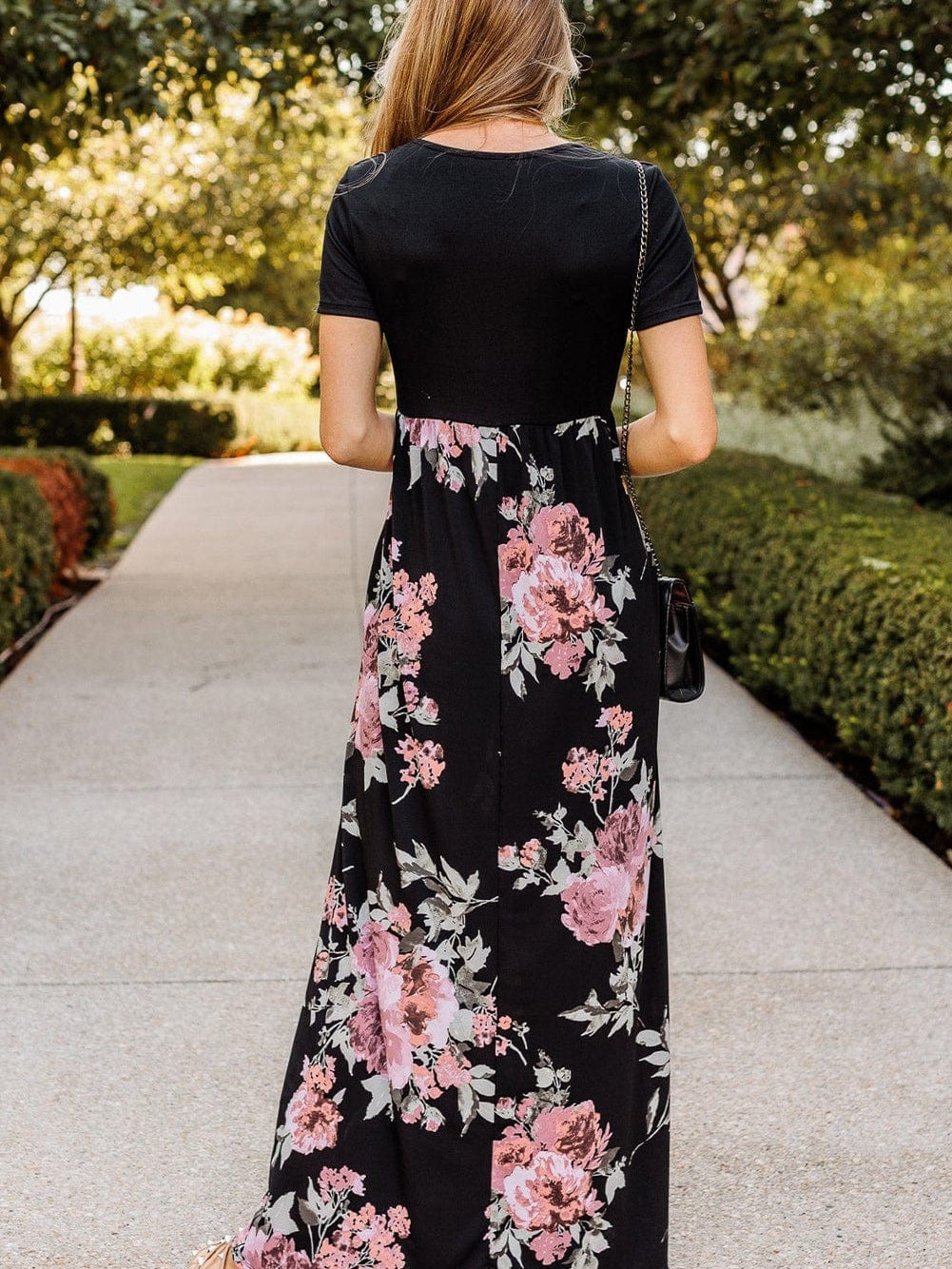 Graceful Black Floral Print T-Shirt Maxi Dress