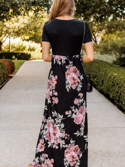 Graceful Black Floral Print T-Shirt Maxi Dress