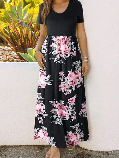 Graceful Black Floral Print T-Shirt Maxi Dress