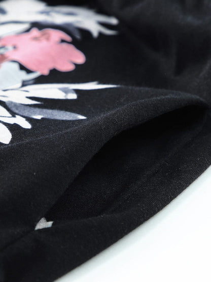 Graceful Black Floral Print T-Shirt Maxi Dress