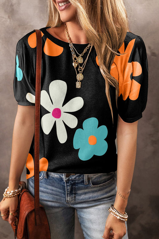 Graceful Black Floral Puff Sleeve Tee