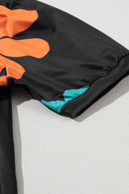 Graceful Black Floral Puff Sleeve Tee