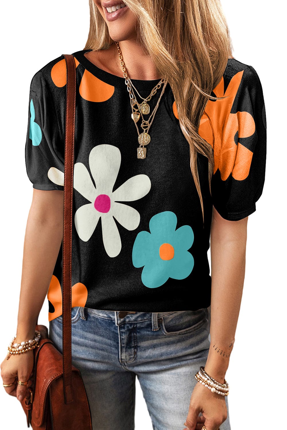 Graceful Black Floral Puff Sleeve Tee