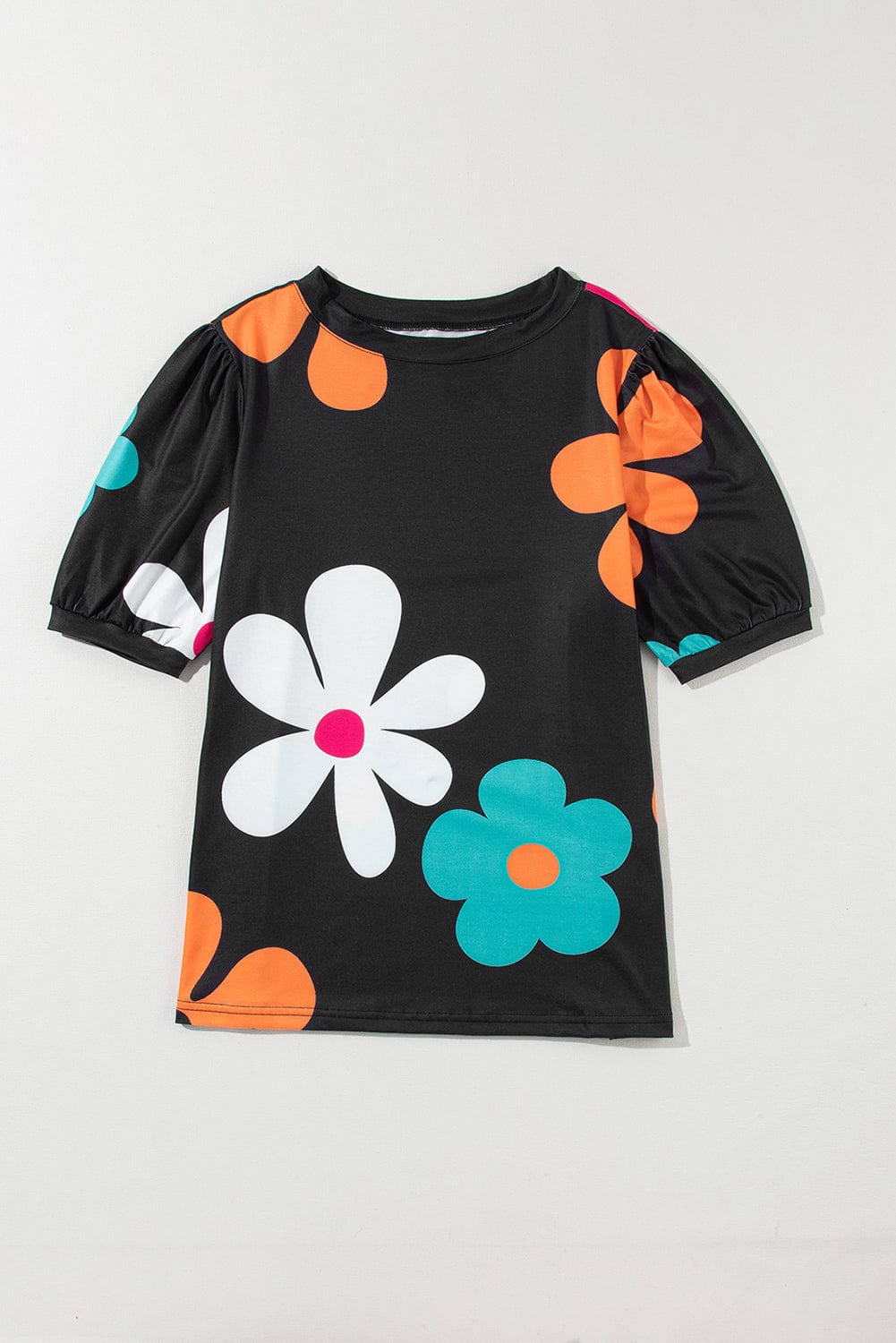 Graceful Black Floral Puff Sleeve Tee