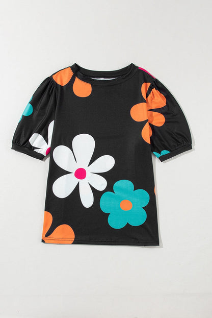 Graceful Black Floral Puff Sleeve Tee