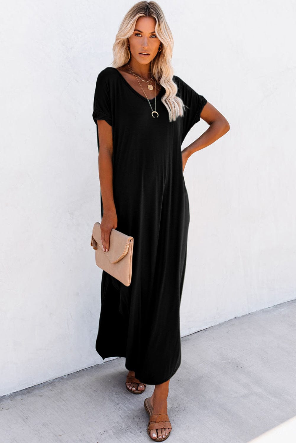 Graceful Black V Neck Split Maxi T-shirt Dress with Hidden Pockets