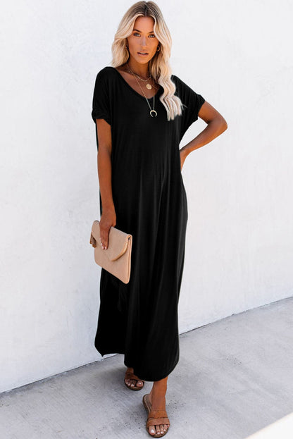 Graceful Black V Neck Split Maxi T-shirt Dress with Hidden Pockets