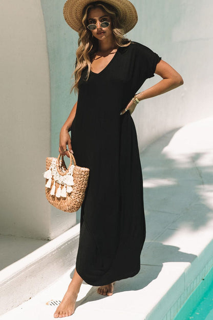 Graceful Black V Neck Split Maxi T-shirt Dress with Hidden Pockets