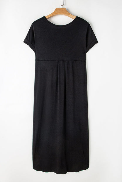 Graceful Black V Neck Split Maxi T-shirt Dress with Hidden Pockets