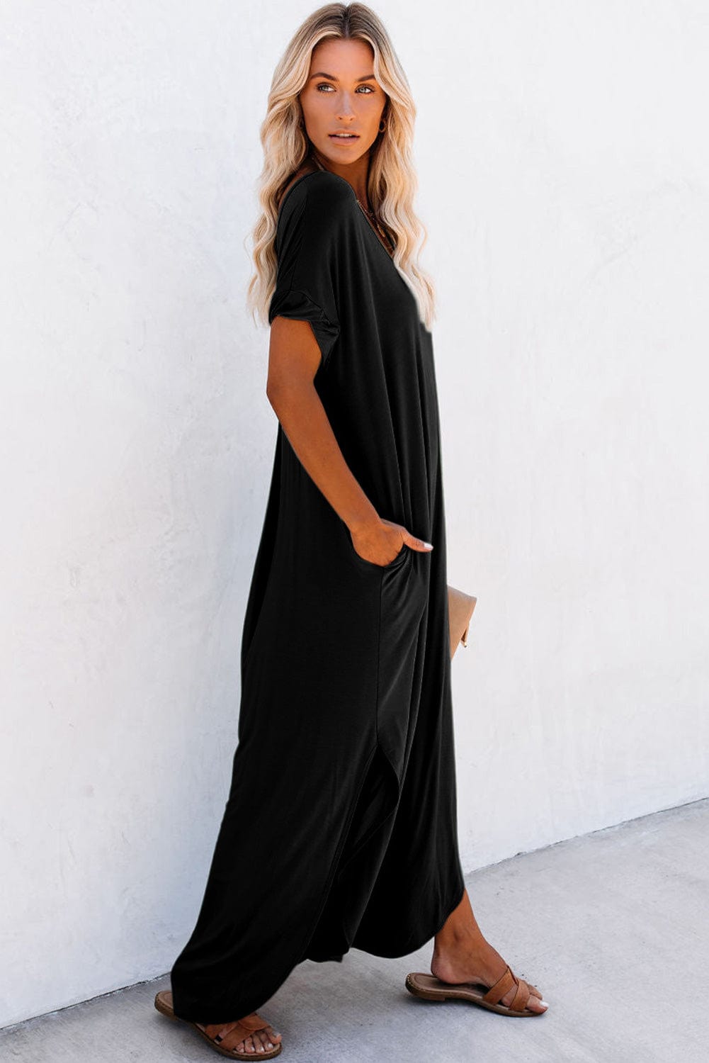 Graceful Black V Neck Split Maxi T-shirt Dress with Hidden Pockets