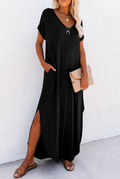 Graceful Black V Neck Split Maxi T-shirt Dress with Hidden Pockets