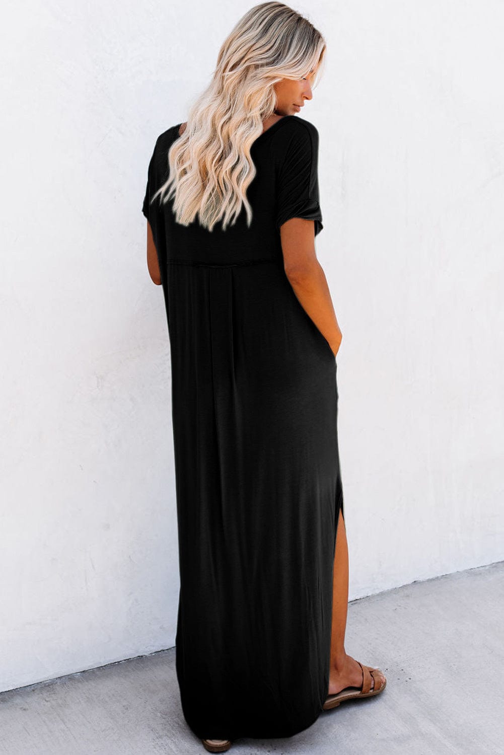 Graceful Black V Neck Split Maxi T-shirt Dress with Hidden Pockets