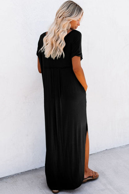 Graceful Black V Neck Split Maxi T-shirt Dress with Hidden Pockets