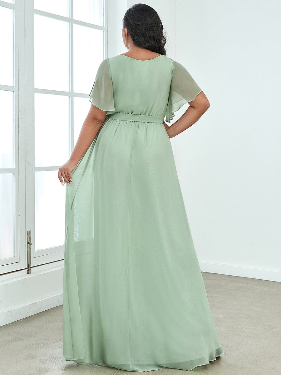 Graceful Deep V-Neck A-Line Plus Size Bridesmaid Dress with Ruffled Sleeves