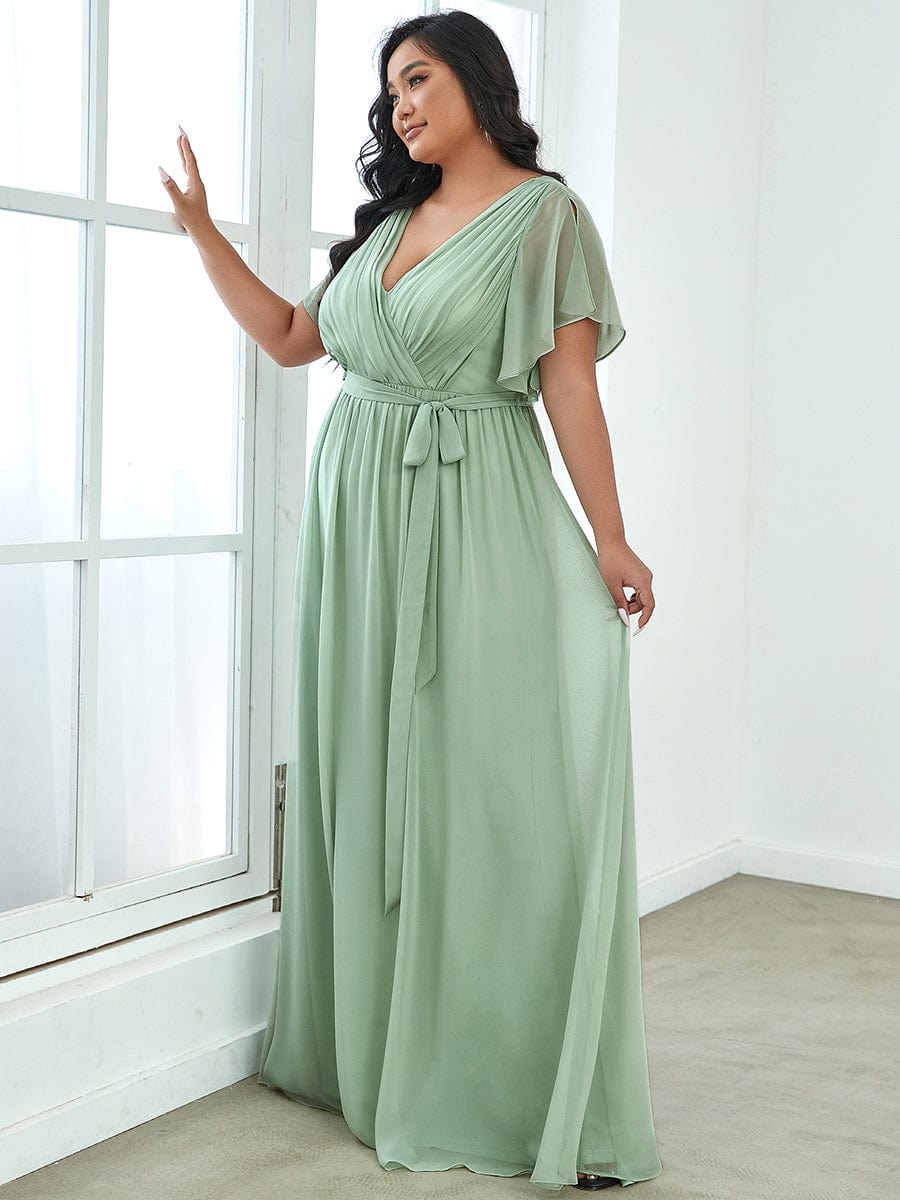 Graceful Deep V-Neck A-Line Plus Size Bridesmaid Dress with Ruffled Sleeves