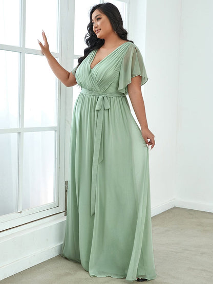 Graceful Deep V-Neck A-Line Plus Size Bridesmaid Dress with Ruffled Sleeves