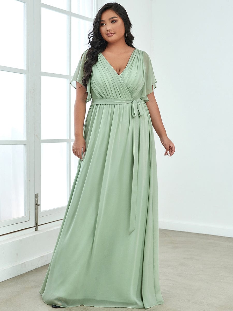 Graceful Deep V-Neck A-Line Plus Size Bridesmaid Dress with Ruffled Sleeves