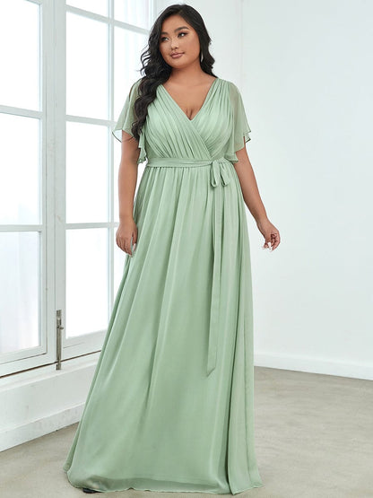 Graceful Deep V-Neck A-Line Plus Size Bridesmaid Dress with Ruffled Sleeves