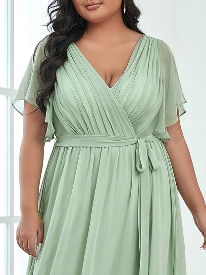 Graceful Deep V-Neck A-Line Plus Size Bridesmaid Dress with Ruffled Sleeves