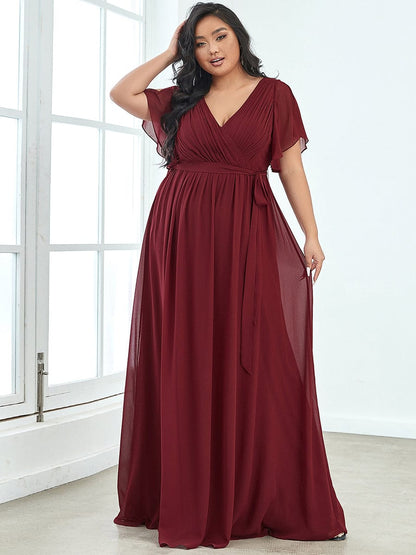 Graceful Deep V-Neck A-Line Plus Size Bridesmaid Dress with Ruffled Sleeves