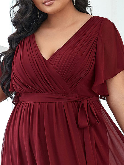 Graceful Deep V-Neck A-Line Plus Size Bridesmaid Dress with Ruffled Sleeves