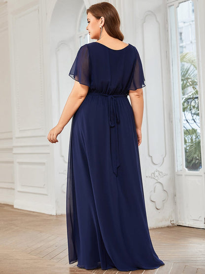 Graceful Deep V-Neck A-Line Plus Size Bridesmaid Dress with Ruffled Sleeves